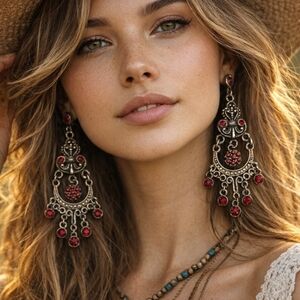 Silver Chandelier Earrings with Red Stones 2.75" Drop